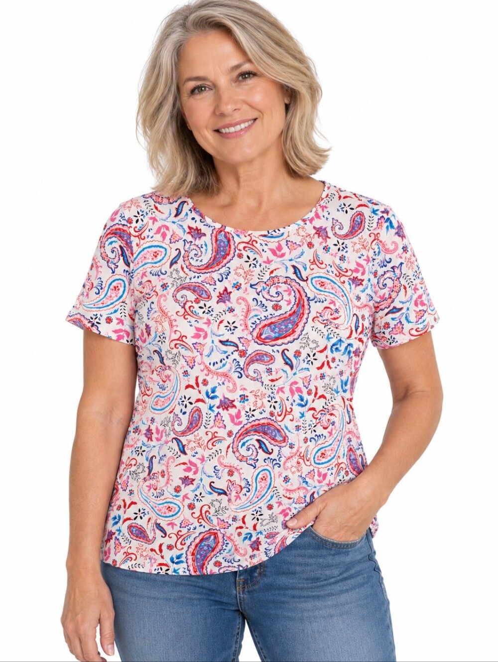 Talbots Women’s Large Paisley Tee Pink Blue Red Cotton Stretch Short Sleeve